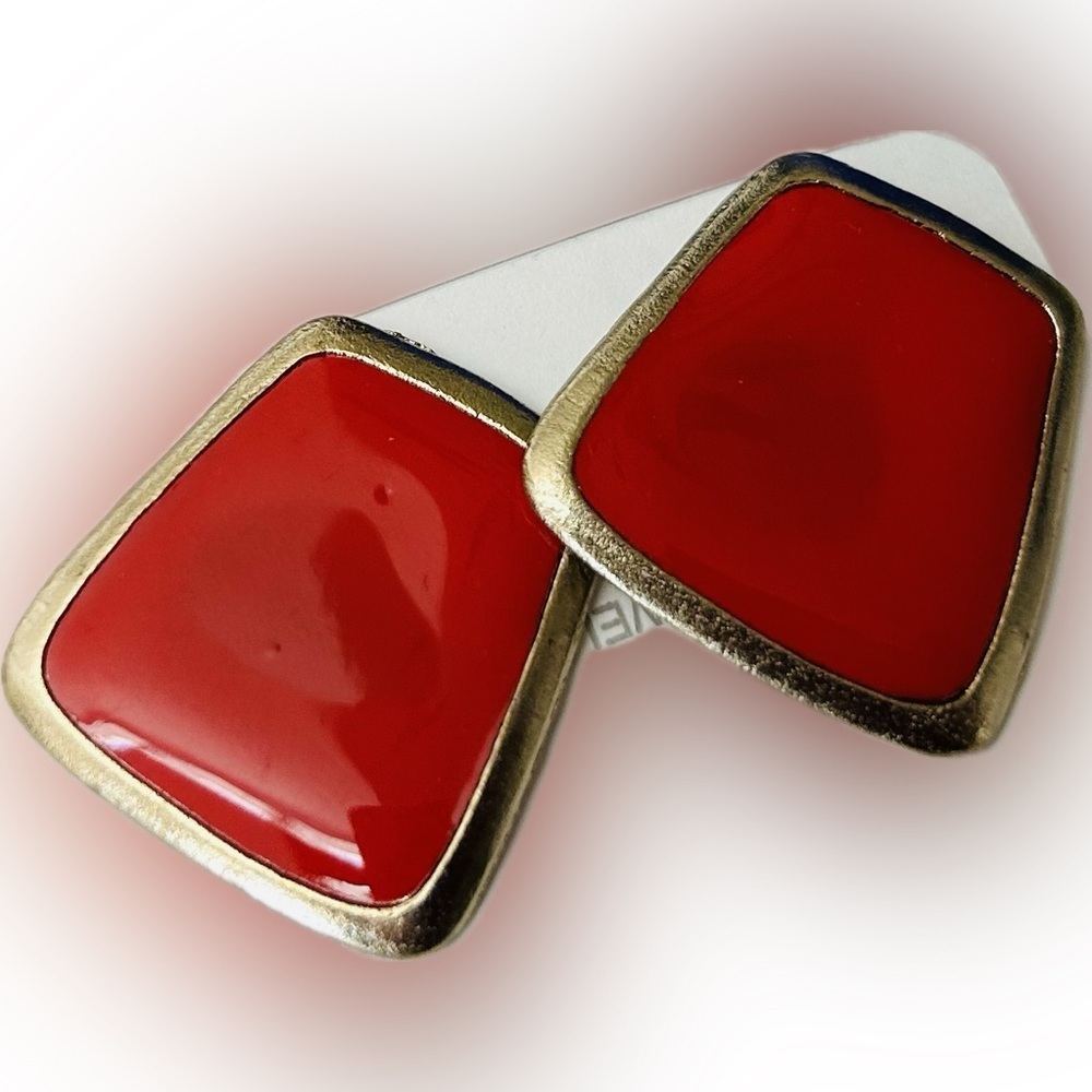 Vintage Monet Inspired Red Enamel Geometric Design Golden Trim Fashion Earrings